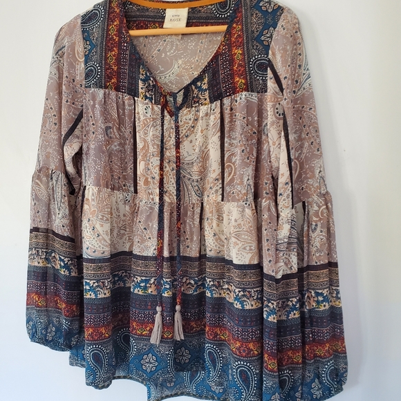 KNOX ROSE Sz S Paisley Browns Teal Rust Bishop Sleeve Tunic Tassels Sheer Boho - Picture 14 of 15